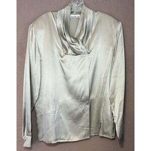 Anne Klein II Metallic Silk Cowl Neck Long Sleeve Blouse Luxe Career Shirt Sz 14